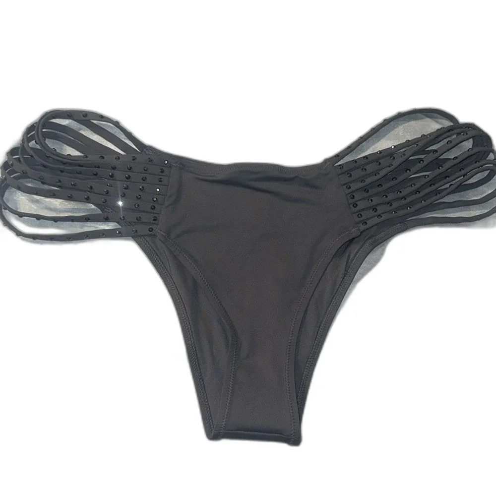 Skims rhinestone swim strappy bikini bottom in gunmetal size 2X